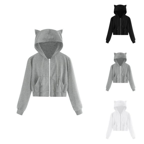 Cat Ear Hoodies for Women 2025 Long Sleeve Zip Up Cropped Cute Hoodie with Pockets Hooded Sweatshirt Women Jacket