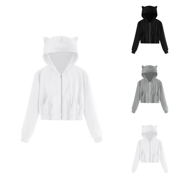 Cat Ear Hoodies for Women 2025 Long Sleeve Zip Up Cropped Cute Hoodie with Pockets Hooded Sweatshirt Women Jacket