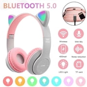 Cat Ear Kids Bluetooth Headphones, LED Light Up Wireless Foldable Stereo Girls Headphones, Kids Headphones for School Birthday Xmas Gift, Pink
