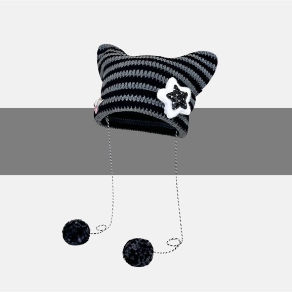 Cat Ear Knit Beanie for Women – Y2K Striped Warm Winter Hat, Soft Stretchy Pullover Knit Cap, Trendy Streetwear Fashion Accessory, Cozy Fall Winter Thermal Headwear