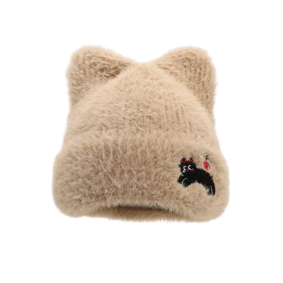 Cat Ear Plush Knit Beanie for Women, Warm Winter Cap with Embroidery, Stretchy Fit for All Head Sizes and Face Types, Perfect Gift for Cat Lovers,Khaki