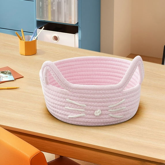 Cat Ear Storage Basket, Cotton Rope Woven Organizer Bin, Desktop Decorative Box for Cosmetics Snacks Sundries, Bohemian Home Office Decor, Handmade Decorative Basket