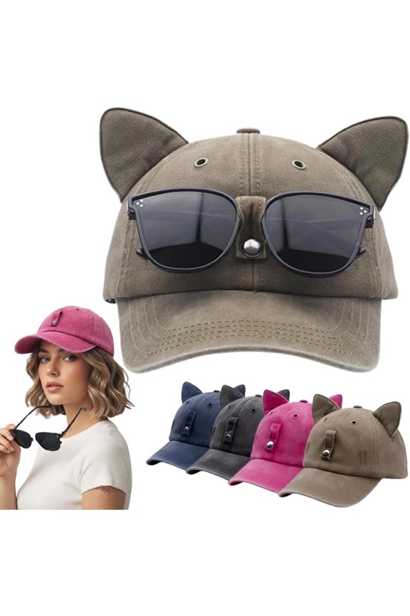 Cat Ear Trucker Hat with Detachable Sunglasses, Baseball Cap UV Protection Snapback