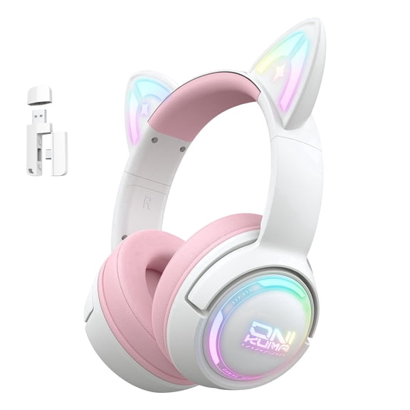 Cat Ear Wireless Gaming Headset for PS5/PC/PS4/Phone/Nintendo Switch,Over Ear 2.4G/Bluetooth Gaming Headphones with HD Biult-in Mic,Lightweight,Ultra-low Latency,RGB,Pink