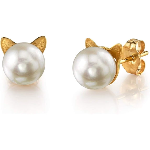 Cat Earrings 14K Gold Pearl Studs for Women with Japanese Akoya Cultured Pearls - THE PEARL SOURCE