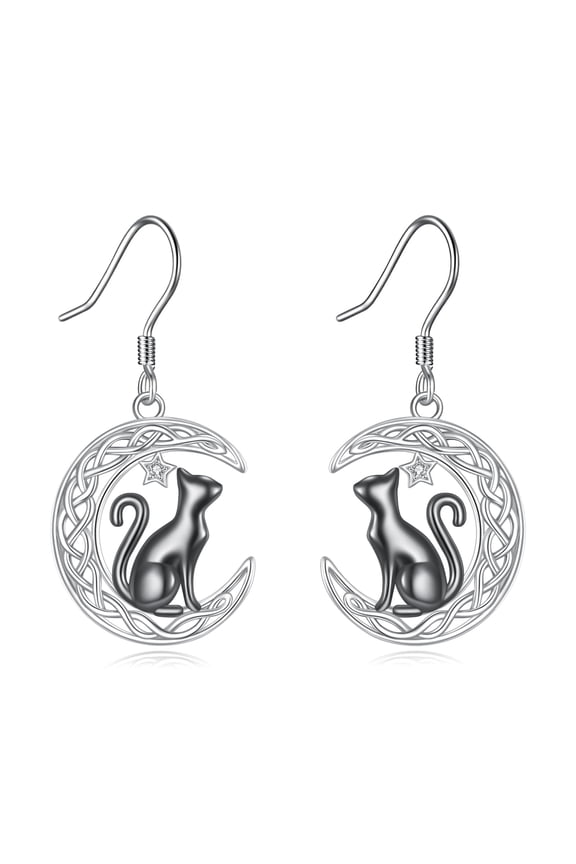 Cat Earrings 925 Sterling Silver Celtic Knot Black Cat Earring with Moon Jewelry Birthday Gifts for Women