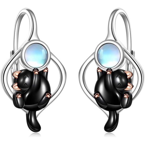 Cat Earrings 925 Sterling Silver Moonstone Black Cat Leverback Earrings Cute Animal Jewelry Gifts for Women Friend