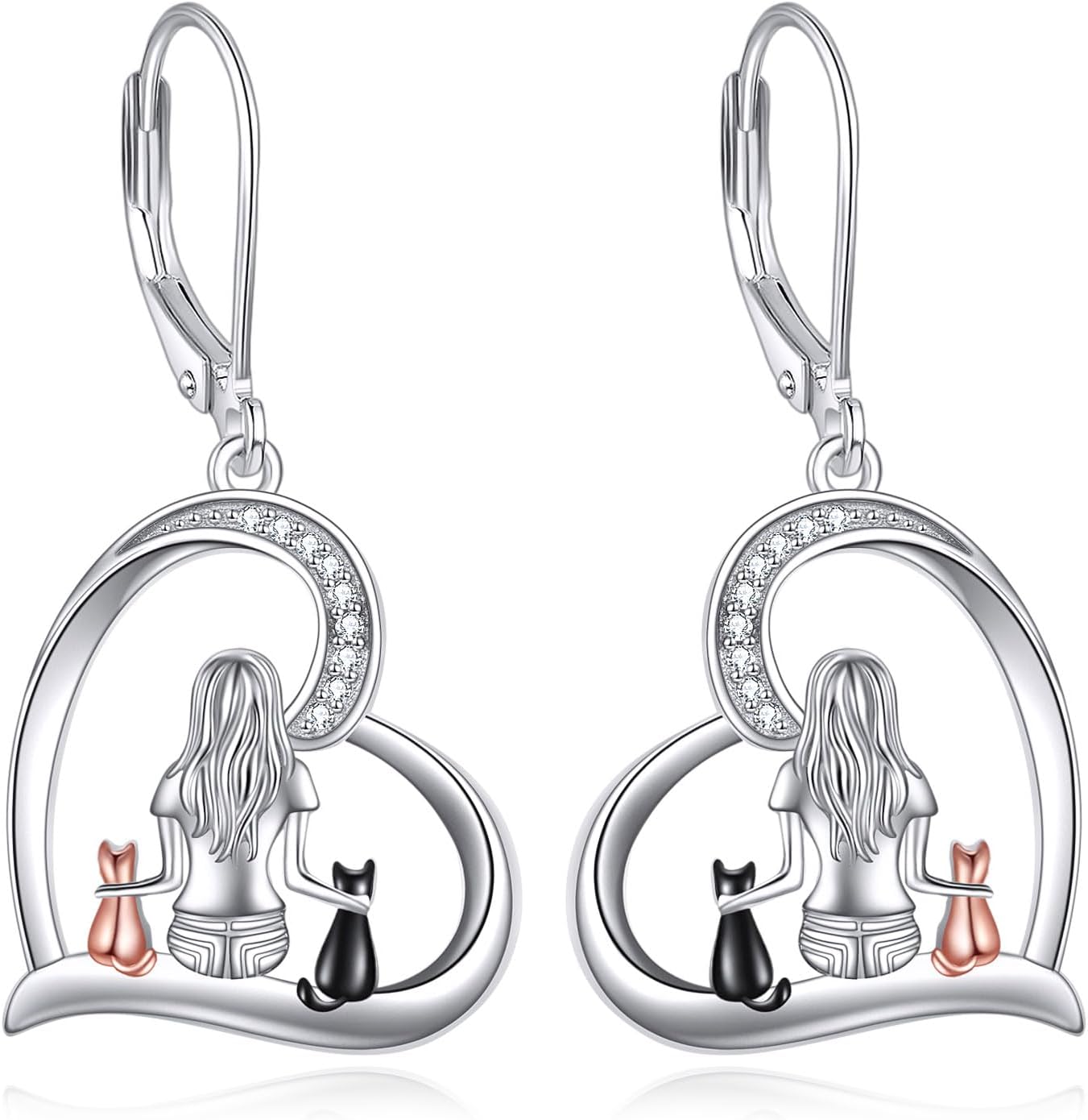 Cat Earrings Sterling Silver Dangle Drop Leverback Earrings Jewelry Gifts for Women