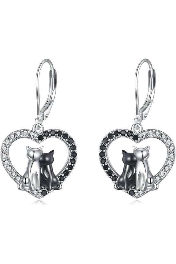 Cat Earrings Sterling Silver Heart Kitten Earrings Animal Cat Jewelry for Women Mom
