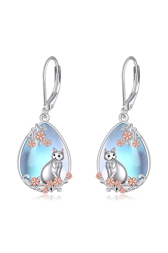Cat Earrings for Women 925 Sterling Silver Moonstone Dangle Earrings Cat Drop Earring Jewelry Christmas Gifts