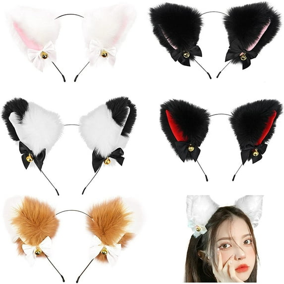 Cat Ears Headband Cosplay Fluffy with Ribbon Bell, Plush Furry Cat Ears Faux FurHalloween Cosplay for Women Girls Adult