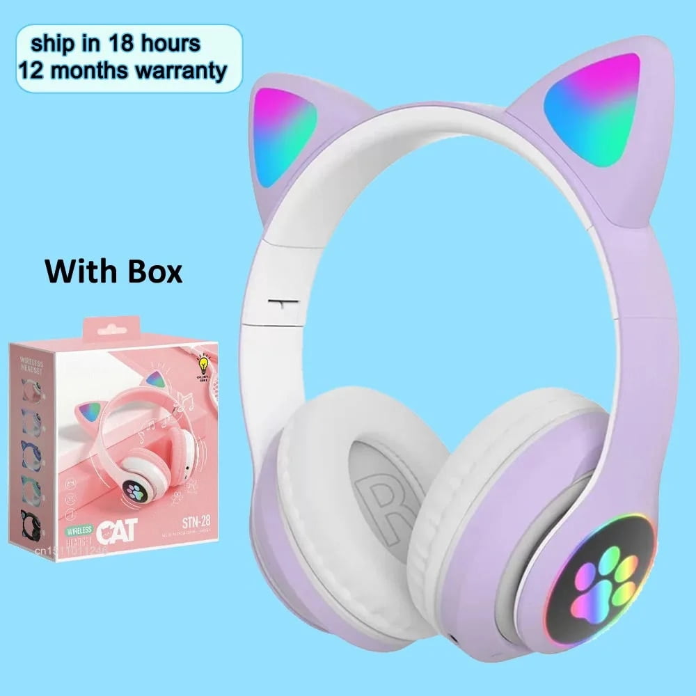 Cat Ears Headphones Flash Light Wireless With MIC Control LED Kid Girl Stereo Cute Music Helmet