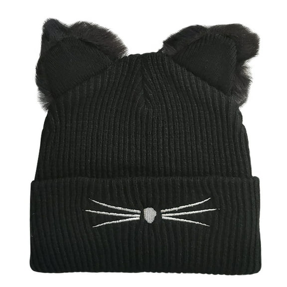 Cat Ears Knitted Hat Embroidered Wool Hat Cute Autumn And Winter Warm Pullover Hat Cold Hat-Black