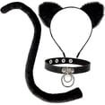 thumbnail image 1 of Cat Ears and Tail Costume Accessories Set for Women. With Furry Cat Ears Headband, 28-inch Long Black Tail & Faux Leather and Steel Choker Necklace., 1 of 7