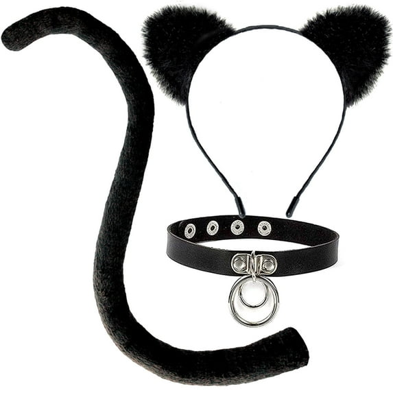 Cat Ears and Tail Costume Accessories Set for Women. With Furry Cat Ears Headband, 28-inch Long Black Tail & Faux Leather and Steel Choker Necklace.