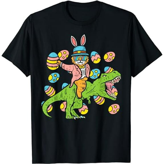 Cat Easter Bunny Riding Dino Trex Egg Hunt Dinosaur Boys Kid T-Shirt