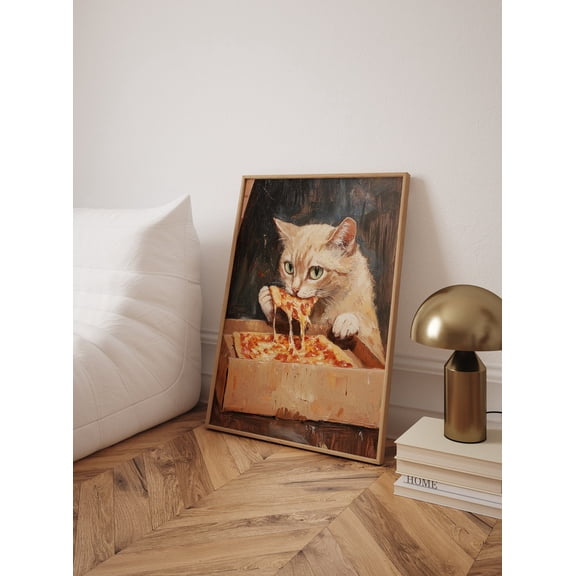 Cat Eating Pizza Art Whimsical Kitchen Decor Wall Art Print