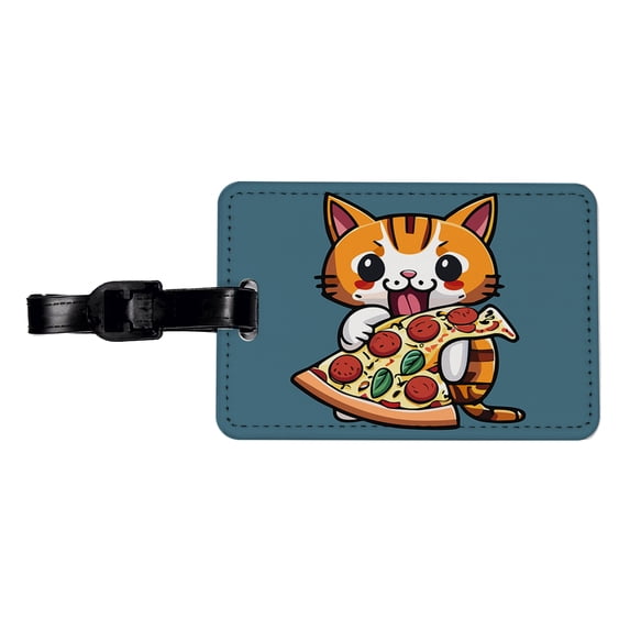 Cat Eating Pizza Funny Faux Leather Travel Luggage Tag