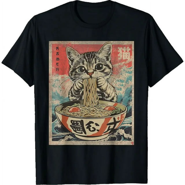 Cat Eating Ramen Noodles Kawaii Anime Manga Japanese Food T-shirt 