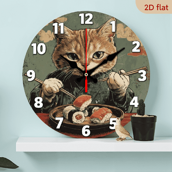 Cat Eating Sushi MDF Wood 10in Round Wall Clock, Silent Non-Ticking Battery Operated, Bedroom Living Room Office Home Decor Art, Top Choice for Gift Giving