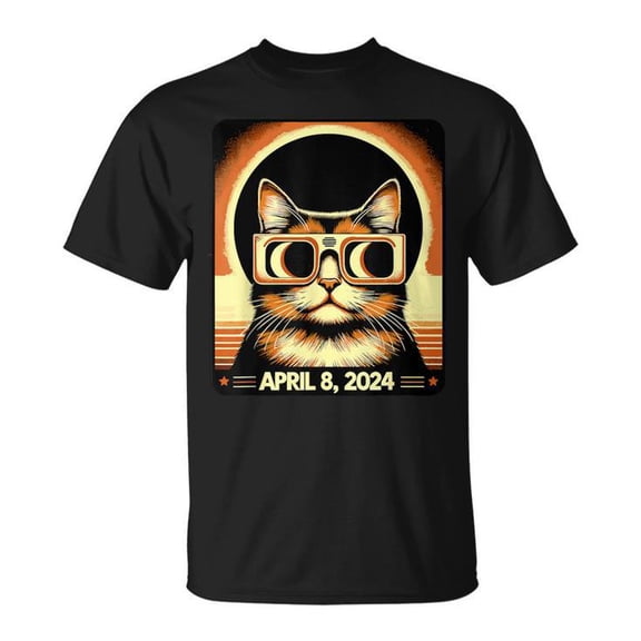 Cat In Eclipse Glasses T-Shirt, Totality 2024 Total Solar Eclipse Funny Celestial Event Graphic Tee, Space-Loving Kitty Astronomy Watch Party Shirt, April 8 Gift Top For Men Women