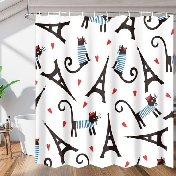 Cat Eiffel Tower Shower Curtain for Bathroom Shower Curtain Set with 12 Hooks Waterproof Fabric Bath Curtain for Bathtub Restroom Decor, 72 X 72 in
