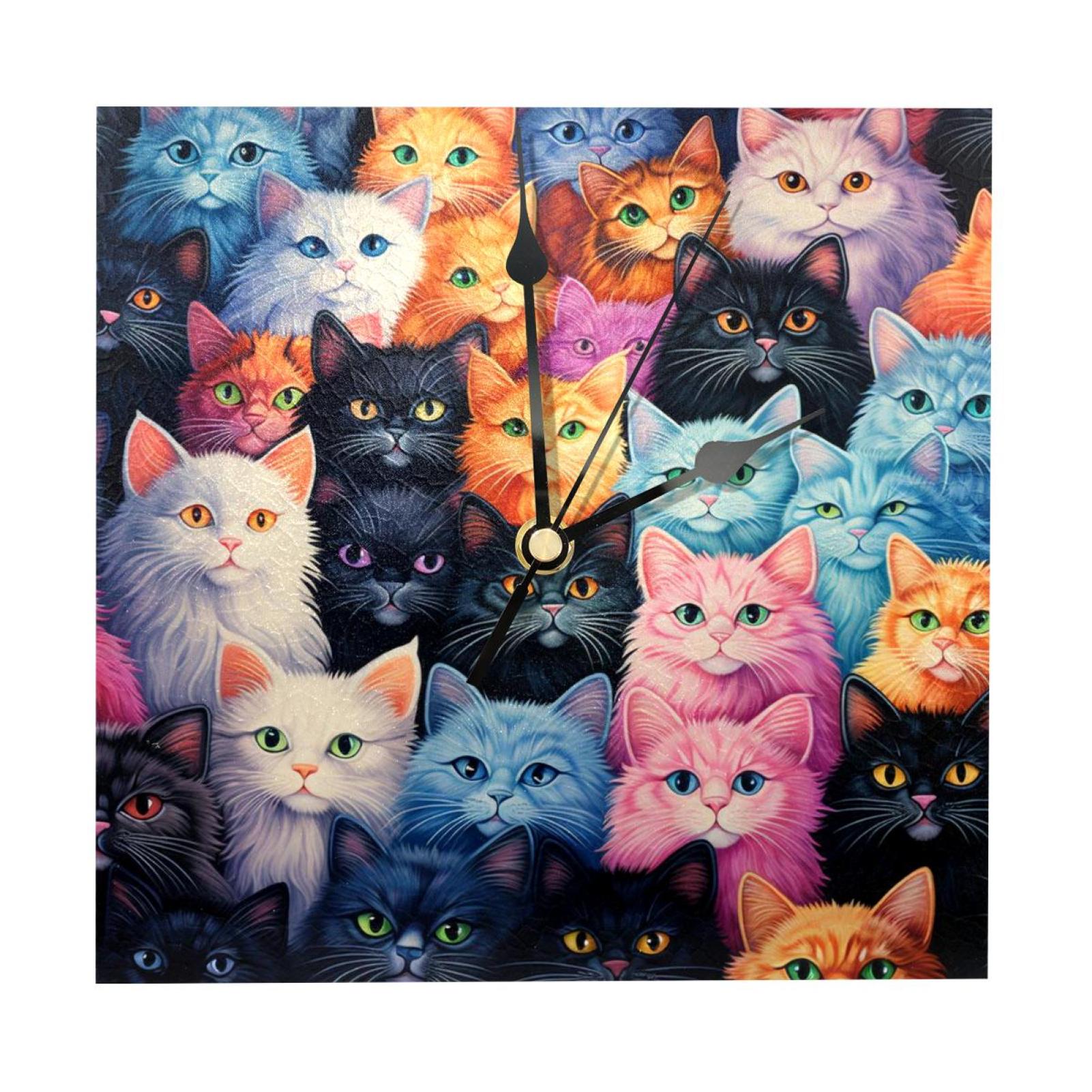 Cat Elegant Wood Square Wall Clock 7.87 in Classic Home Decor