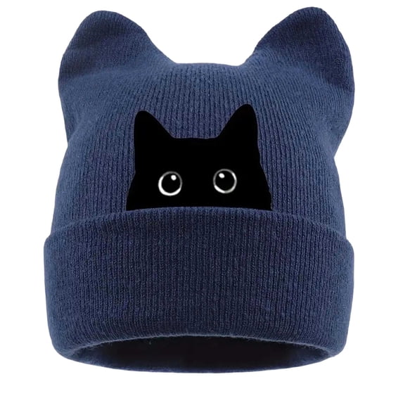 Cat Embroidered Cute Warm Knit Hat with Cat Ears Winter Slouchy Beanie