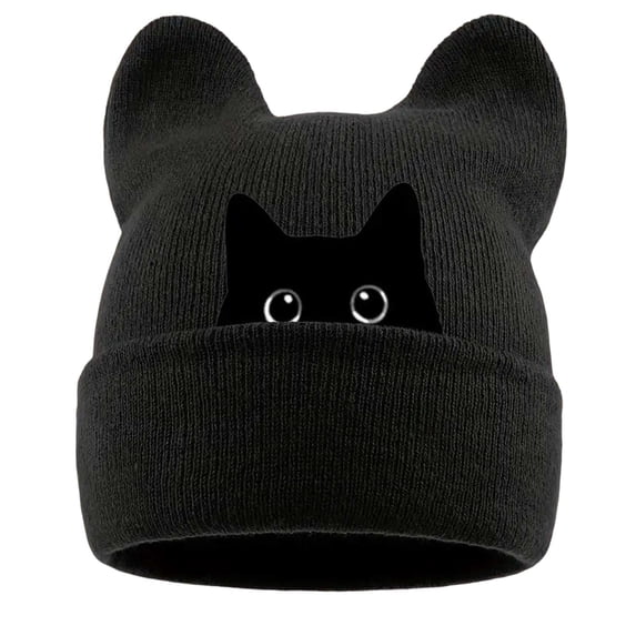 Cat Embroidered Cute Warm Knit Hat with Cat Ears Winter Slouchy Beanie