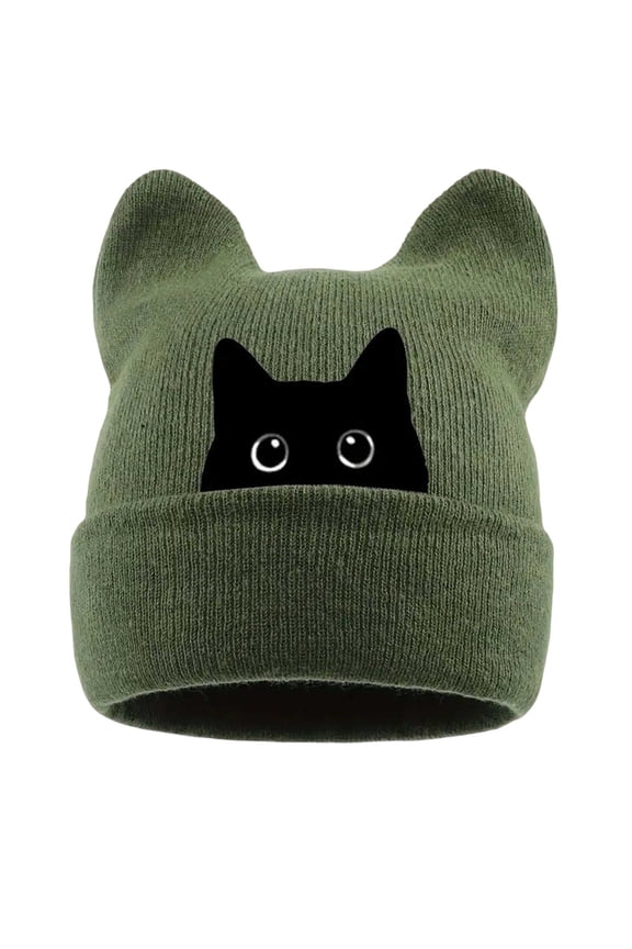 Cat Embroidered Cute Warm Knit Hat with Cat Ears Winter Slouchy Beanie