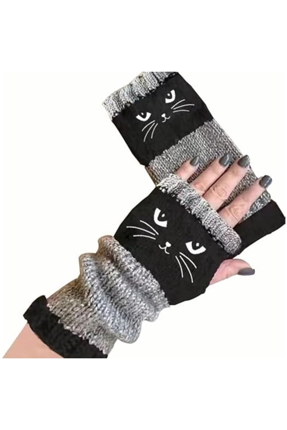Cat Embroidery Fingerless Gloves for Women, Splicing Knitted Touchscreen Gloves with Cute Cat Design, Stretchy Fashion Hand Warmers for Warm Winter(Black)