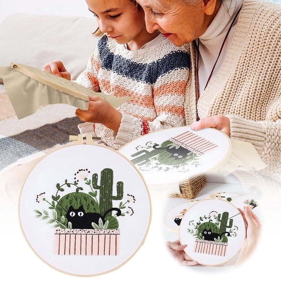 Cat Embroidery Kit For Beginners Floral Modern Botanical Hand Stitching Needle And Thread Set With Patterns And Instructions