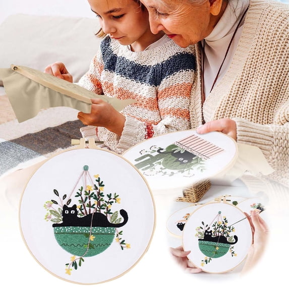 Cat Embroidery Kit For Beginners Floral Modern Botanical Hand Stitching Needle And Thread Set With Patterns And Instructions