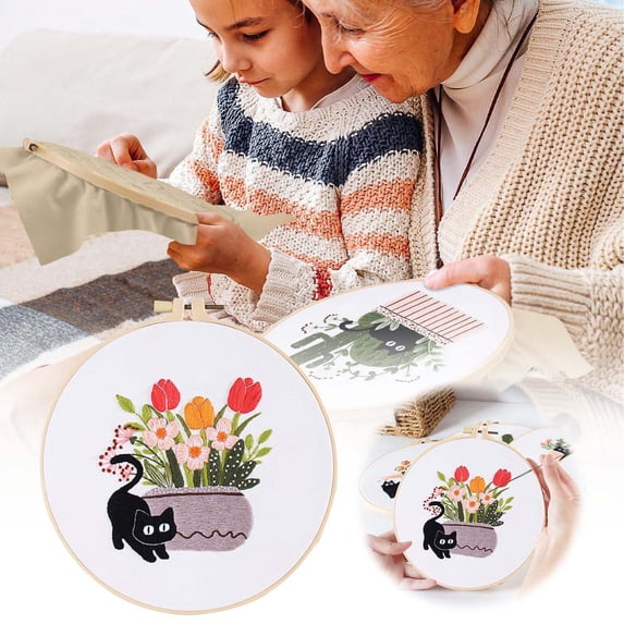 Cat Embroidery Kit For Beginners Floral Modern Botanical Hand Stitching Needle And Thread Set With Patterns And Instructions