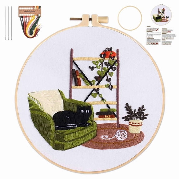 Cat Embroidery Kit for Beginners, Cute Cat Pattern, Starter Craft DIY Embroidery Set with Stamped Pattern and Video Tutorial (D)