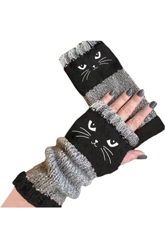 Cat Embroidery Splicing Knitted Gloves, Fingerless Gloves for Women with Cute Cat Pattern, Soft Knit Wrist Warmers for Everyday Use