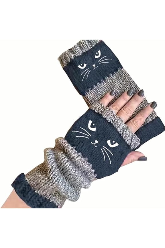 Cat Embroidery Splicing Knitted Gloves Warm Gloves Fashion Leaky Finger Casual Women's Glove（1 pair）