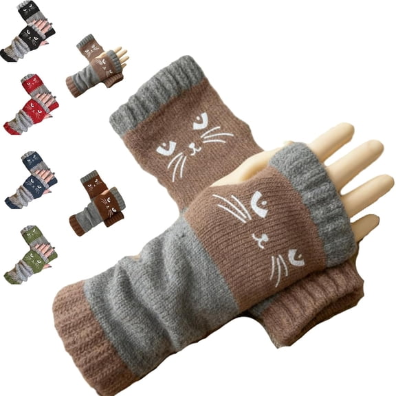 Cat Embroidery Splicing Knitted Gloves Warm Gloves Fashion Leaky Finger Casual Women's Glove