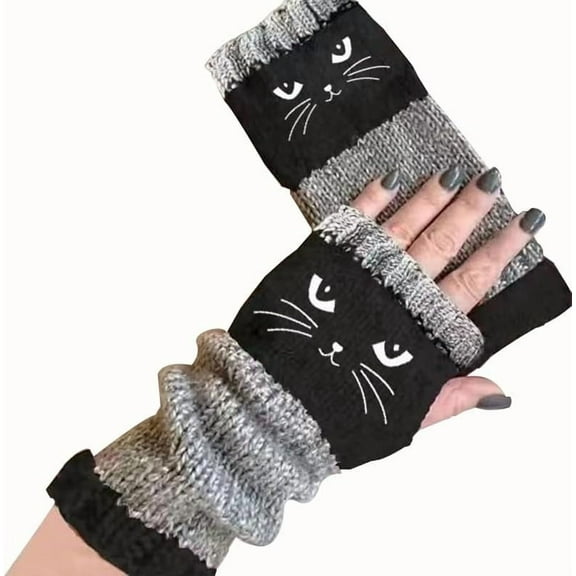 Cat Embroidery Splicing Knitted Gloves Warm Gloves Fashion Leaky Finger Casual Women's Glove