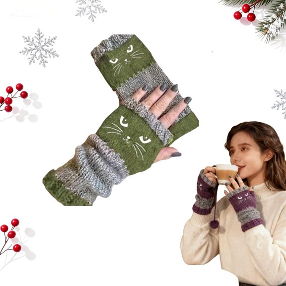 Cat Embroidery Splicing Knitted Gloves, Women's Fingerless Knitted Gloves, Warm Splicing Fashion Gloves