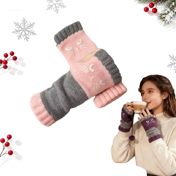Cat Embroidery Splicing Knitted Gloves, Women's Fingerless Knitted Gloves, Warm Splicing Fashion Gloves