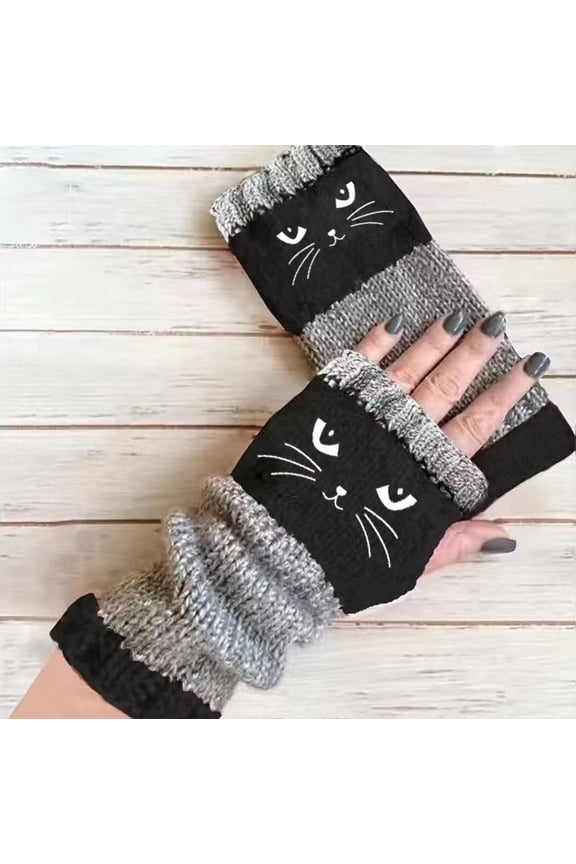 Cat Embroidery Touchscreen Gloves for Women, Fashion Knitted Gloves with Leaky Finger Design, Warm Winter Gloves (Black)
