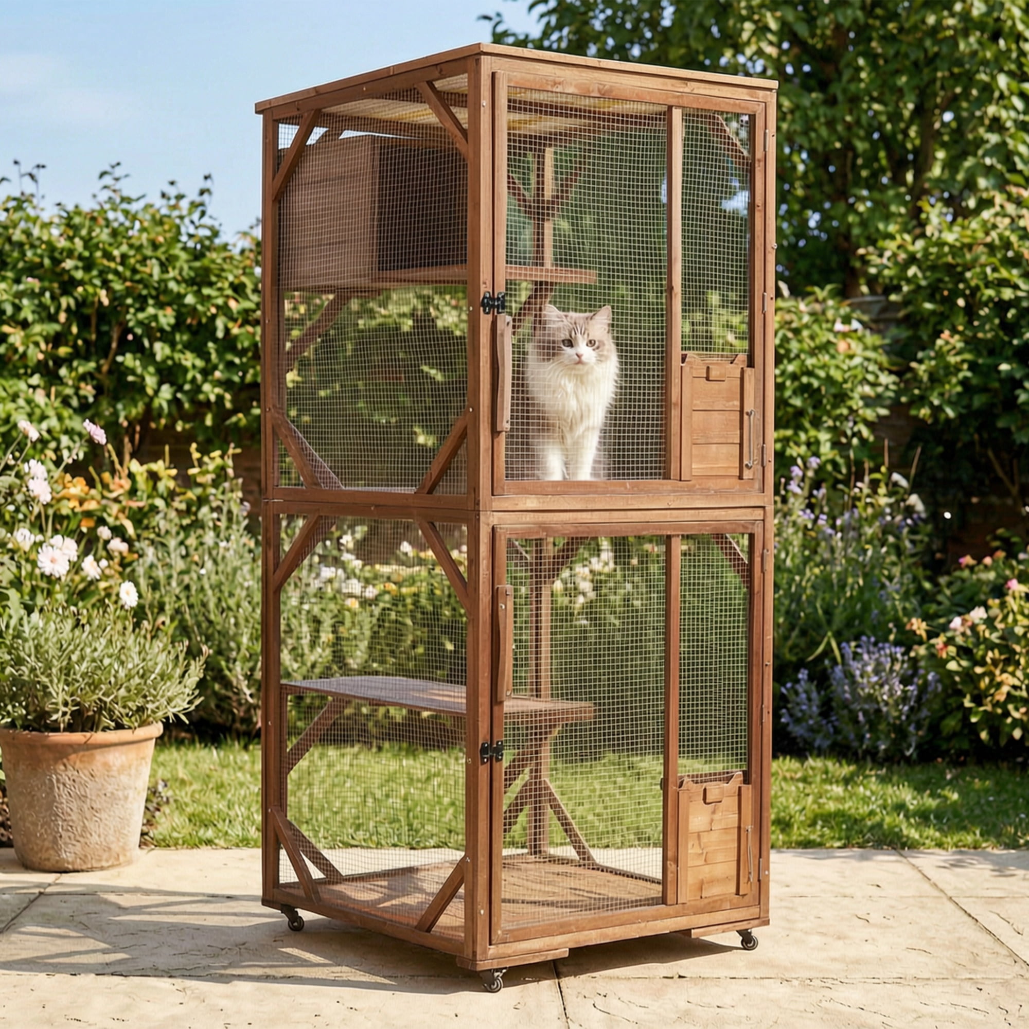 Cat Enclosure 2-Tier with Lockable Wheels and Wire Mesh, Outdoor Wooden Cat Cage and Playpen with Resting House for Backyard, Dark Brown
