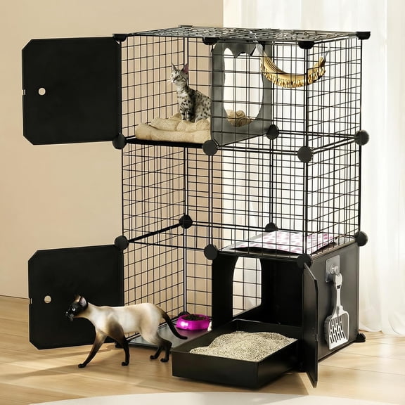 Cat Enclosure Indoor with Litter Box, 3-Tier Metal Wire Cat Cage, DIY Detachable Design for Cats, Kittens & Small Animals, Multi-Level Kennel