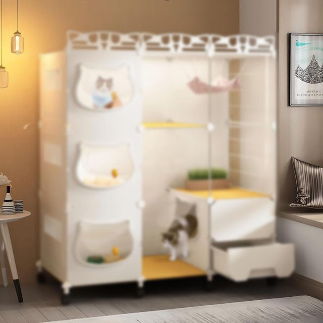 Cat Enclosure with Cat Litter Box, Cat Cages Indoor DIY, Interactive