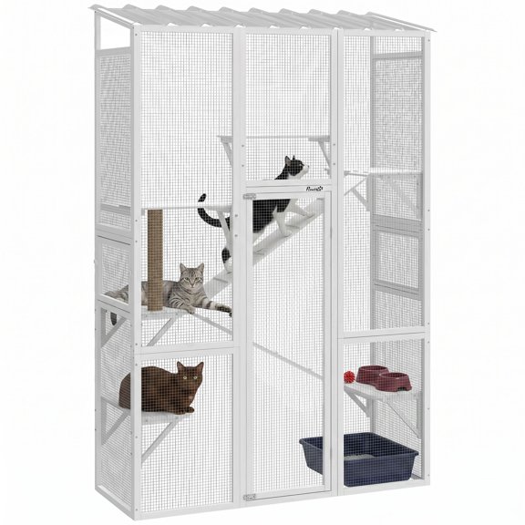 Cat Enclosure Outdoor White Fir Wood Catio with 6 Jumping Platforms, 2 Ramps, and Scratching Post for 2-3 Cats