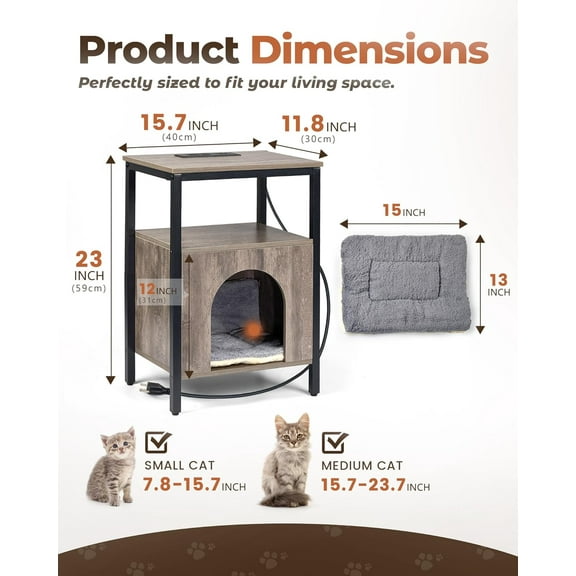 Cat End Table with Charging Station, Indoor Cat House Side Table with Bed, Cat Cave Hideaway Night Stand, Greige
