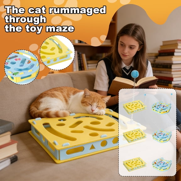 Cat Engaging Puzzle Maze Toy, Feather Teaser Wand With Bell - Interactive Paw-Digging Design, Bell Sounds, Self-Play Boredom Relief - For Indoor Cats, Self-Entertainment,