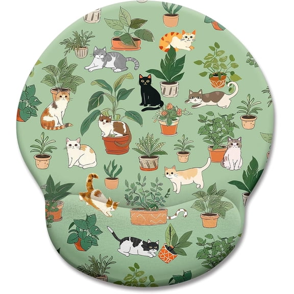 Cat Ergonomic Mouse Pad with Wrist Rest, Green Computer Mouse Pad Wrist Support with Non-Slip Pain Relief PU Base, Funny Mouse Pads for Desk Work, Cute Cat Office Desk Decor Accessories