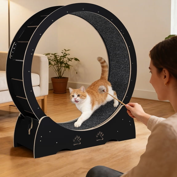 Cat Exercise Wheel 41.3" – Silent Wooden Cat Treadmill with Locking Mechanism, Removable Non-Slip Carpet, Supports Cats Up to 25 lbs, Easy-Clean Design for Indoor Feline Fitness